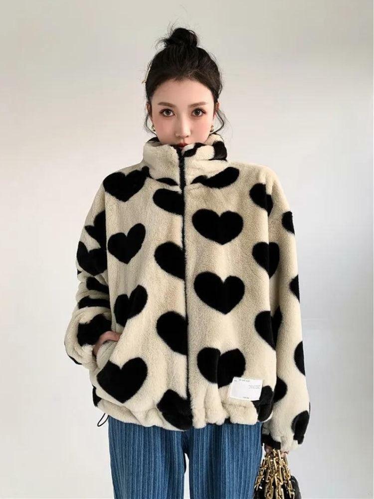 Y2K Heart Pattern Teddy Jacket - Cozy Grunge Style for 2000s Fashion Lovers