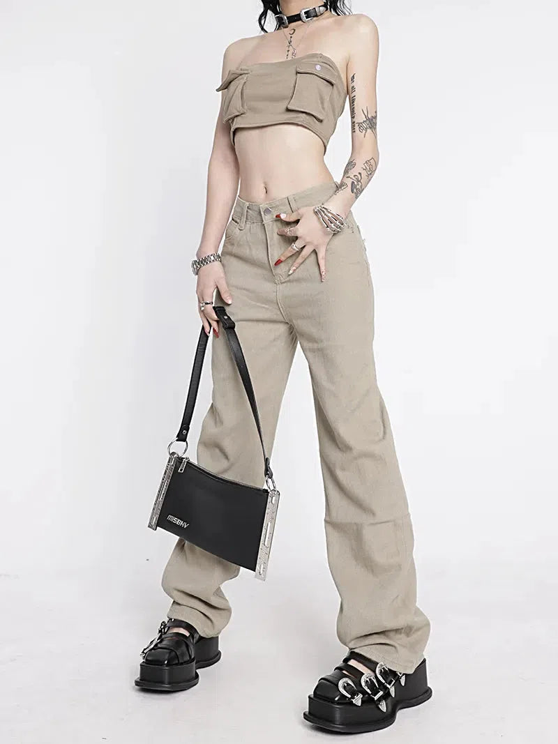 Y2K High Waist Cargo Jeans with Pockets - Trendy Grunge & 90s Fashion Essential