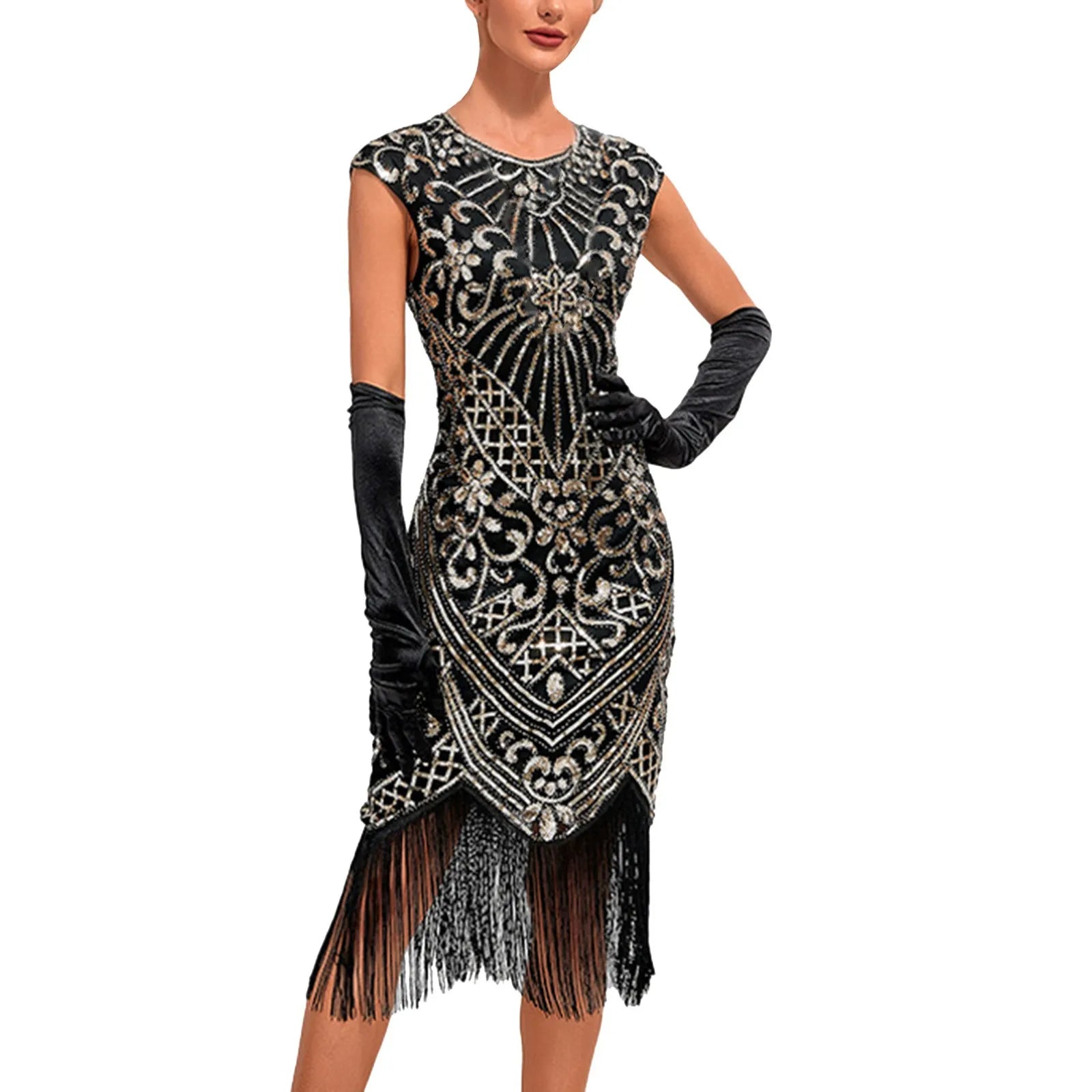 Y2K Inspired Flapper Midi Dress with Tassels & Sequins for Vintage Glam Aesthetic