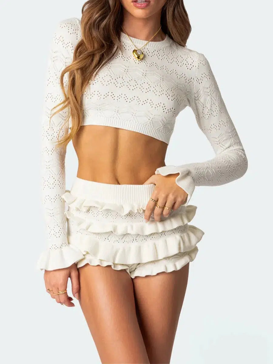 Y2K Knitted Crop Top & Ruffled Shorts Set - Trendy Summer Outfit for 2000s Fashion Lovers