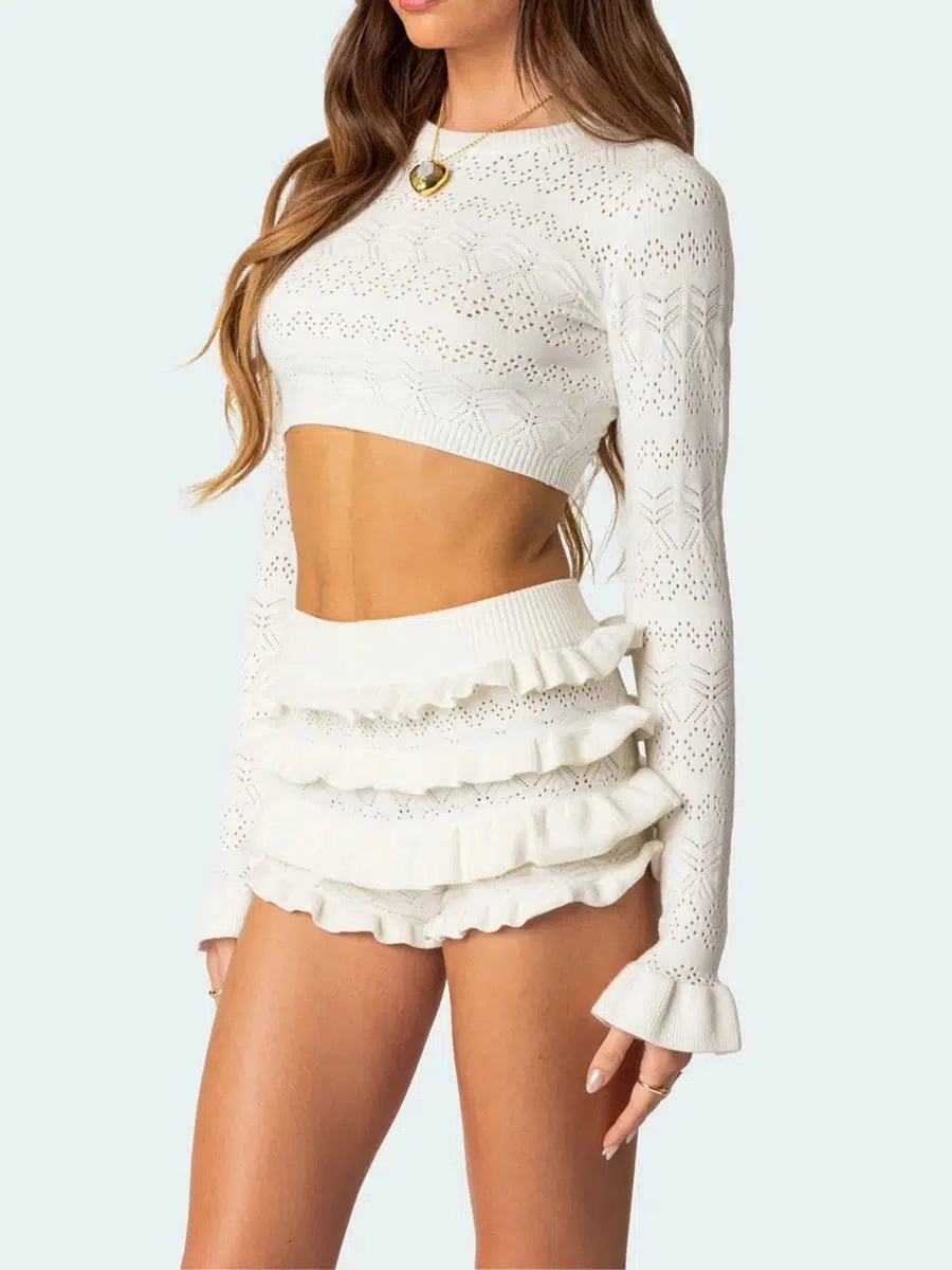 Y2K Knitted Crop Top & Ruffled Shorts Set - Trendy Summer Outfit for 2000s Fashion Lovers