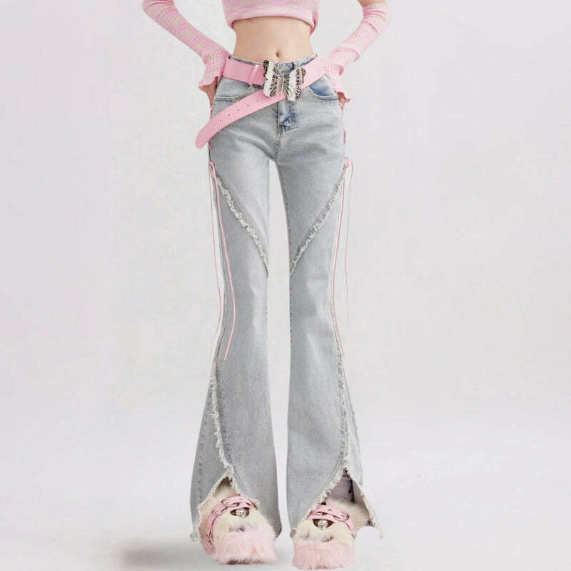 Y2K Lace-Up Slit Flare Jeans - Grunge Aesthetic Summer Outfit, 90s Fashion Vibes