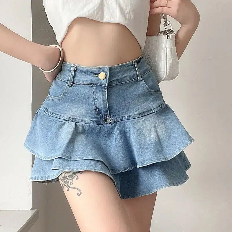 Y2K Layered Ruffled Denim Mini Skirt - Trendy 90s Fashion for Summer Outfits & Aesthetic Looks