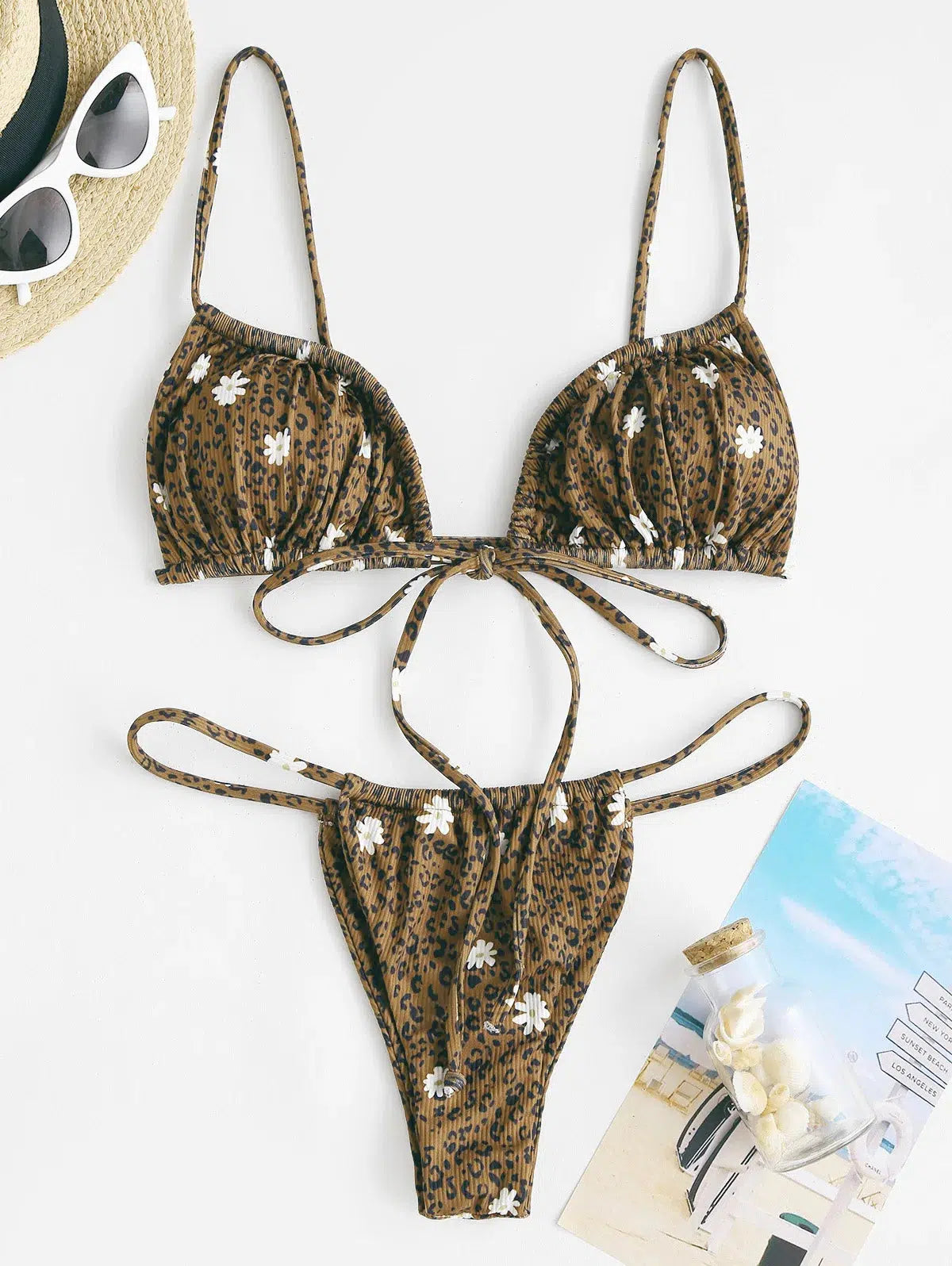 Y2K Leopard Daisy Drawstring Bikini Set - Trendy Summer Swimwear for 2000s Fashion Lovers