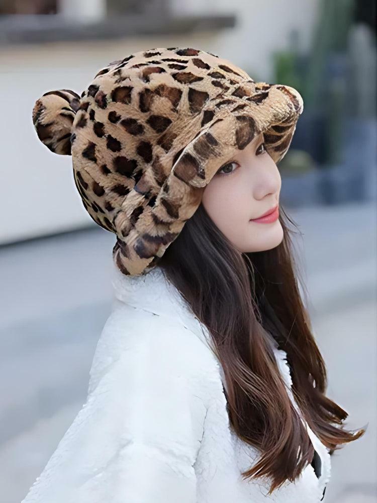 Y2K Leopard Ear Plush Hat - Cute Grunge Aesthetic Accessory for 2000s Fashion Lovers