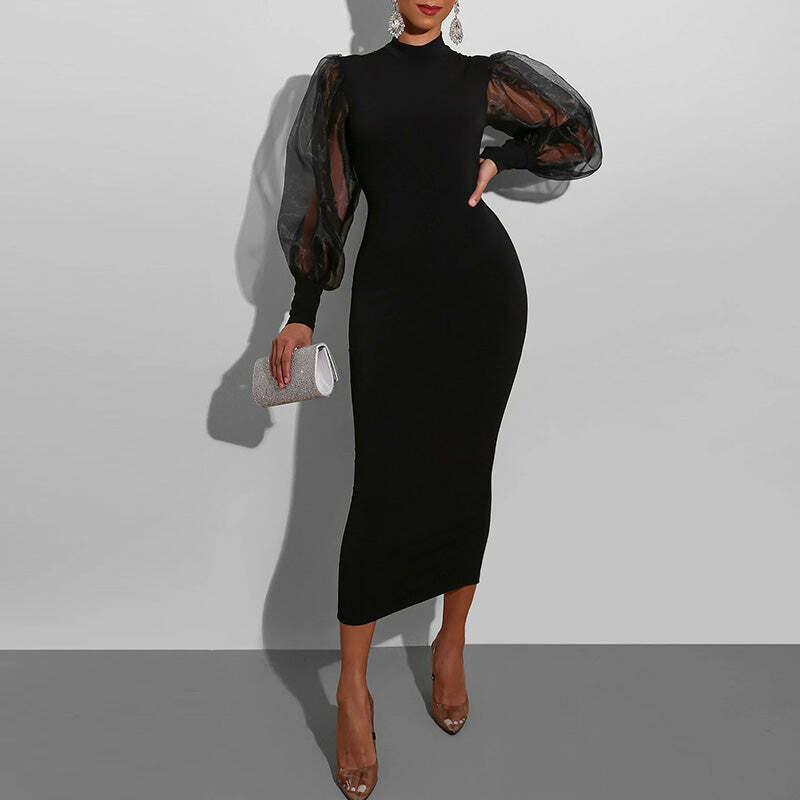 Y2K Mesh Puff Long Sleeve Bodycon Midi Dress - Coquette Aesthetic & Grunge Style Fashion