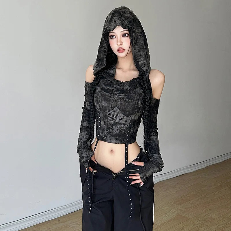 Y2K Off Shoulder Hooded Top - Grunge Aesthetic, 2000s Fashion, Cute Summer Outfit Idea