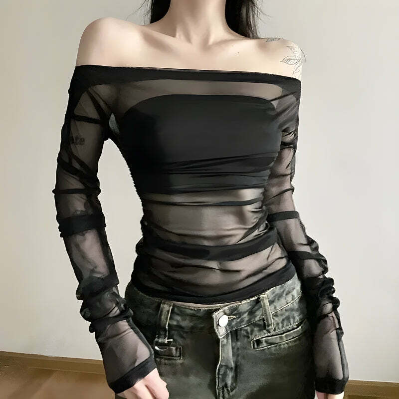 Y2K Off Shoulder Mesh Top - Trendy Summer Outfit, Grunge Aesthetic, 90s Fashion Vibes