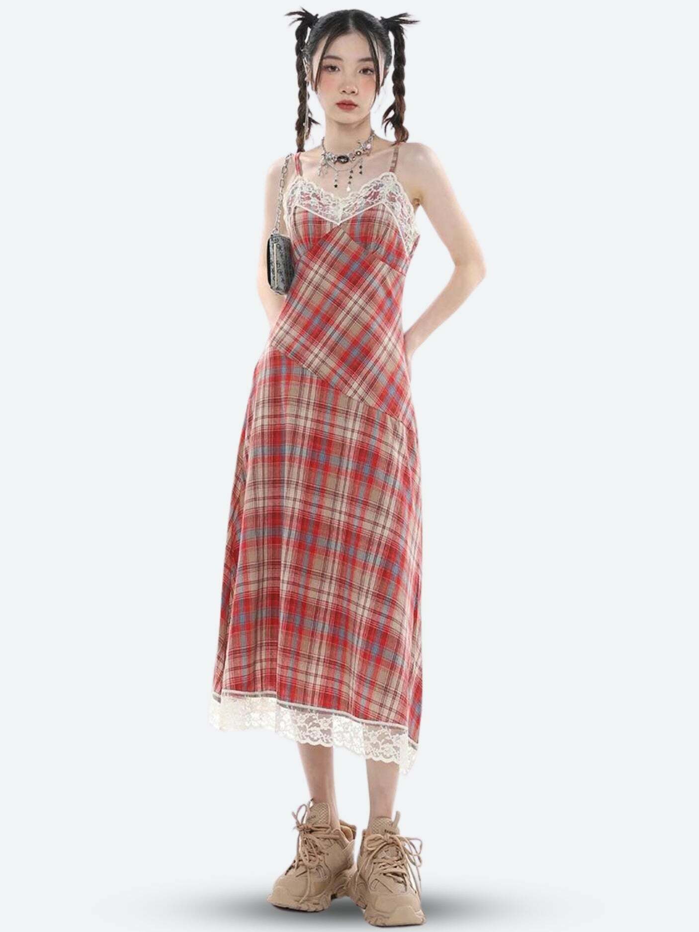 Y2K Plaid Lace Midi Dress - Vintage 90s Grunge Aesthetic for Summer Outfits & Events