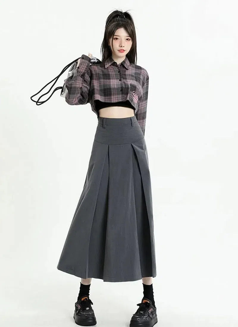 Y2K Pleated A-Line Midi Skirt - Trendy Summer Outfit for Grunge & Coquette Aesthetics