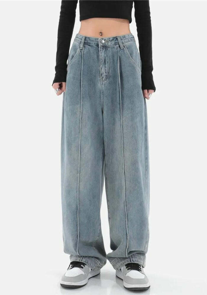 Y2K Pleated Baggy Jeans - Grunge Aesthetic Cargo Pants for 90s Fashion Lovers