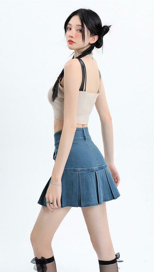 Y2K Pleated Jean Mini Skort - Trendy 90s Fashion for Summer Outfits & Aesthetic Looks