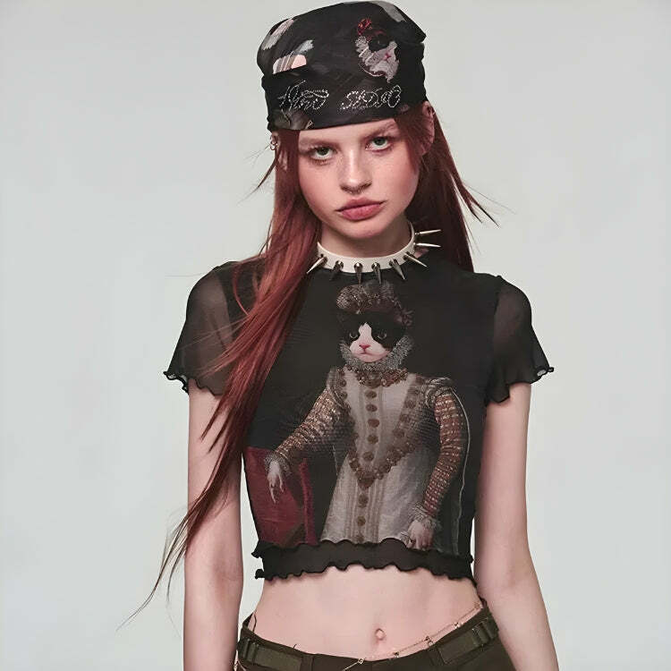 Y2K Princess Cat Crop Top: Cute Summer Outfit for Grunge, Coquette, and 90s Aesthetic