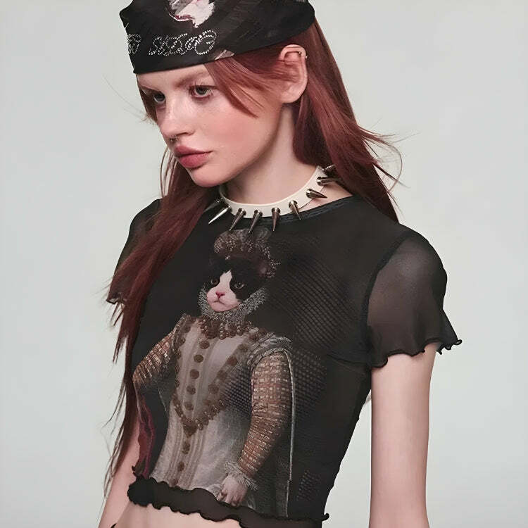 Y2K Princess Cat Crop Top: Cute Summer Outfit for Grunge, Coquette, and 90s Aesthetic