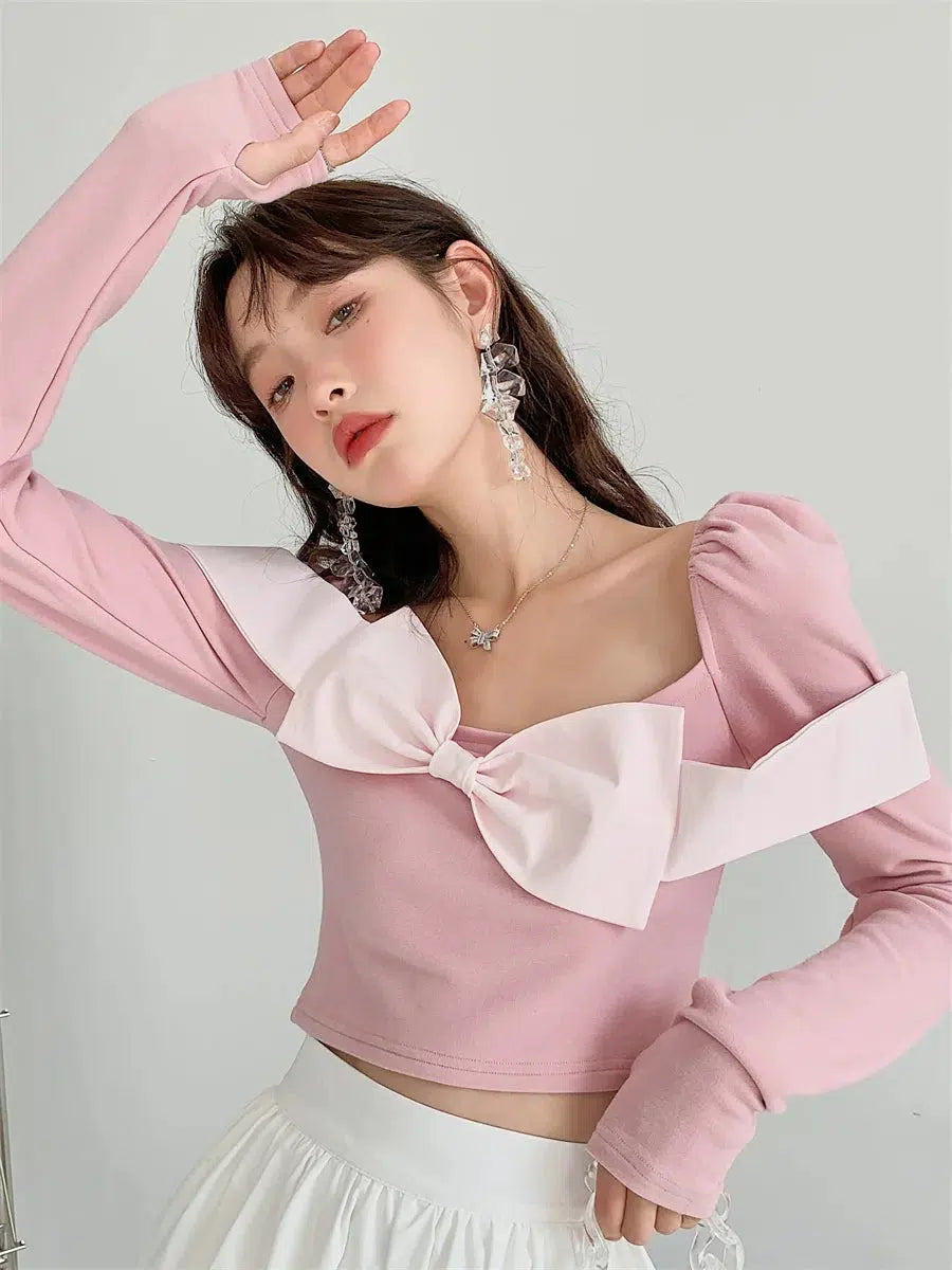 Y2K Puff Shoulder Bow Crop Top - Trendy Summer Outfit for Grunge & Coquette Aesthetic