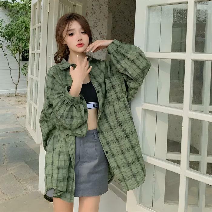 Y2K Puff Sleeved Plaid Shirt - Vintage 90s Grunge Aesthetic for Trendy Summer Outfits