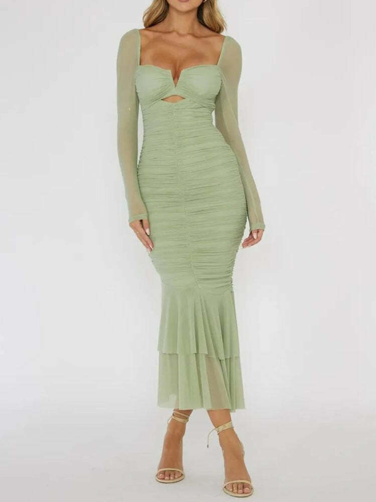 Y2K Ruched Bodycon Midi Dress - Trendy Summer Outfit for Grunge & Coquette Aesthetic