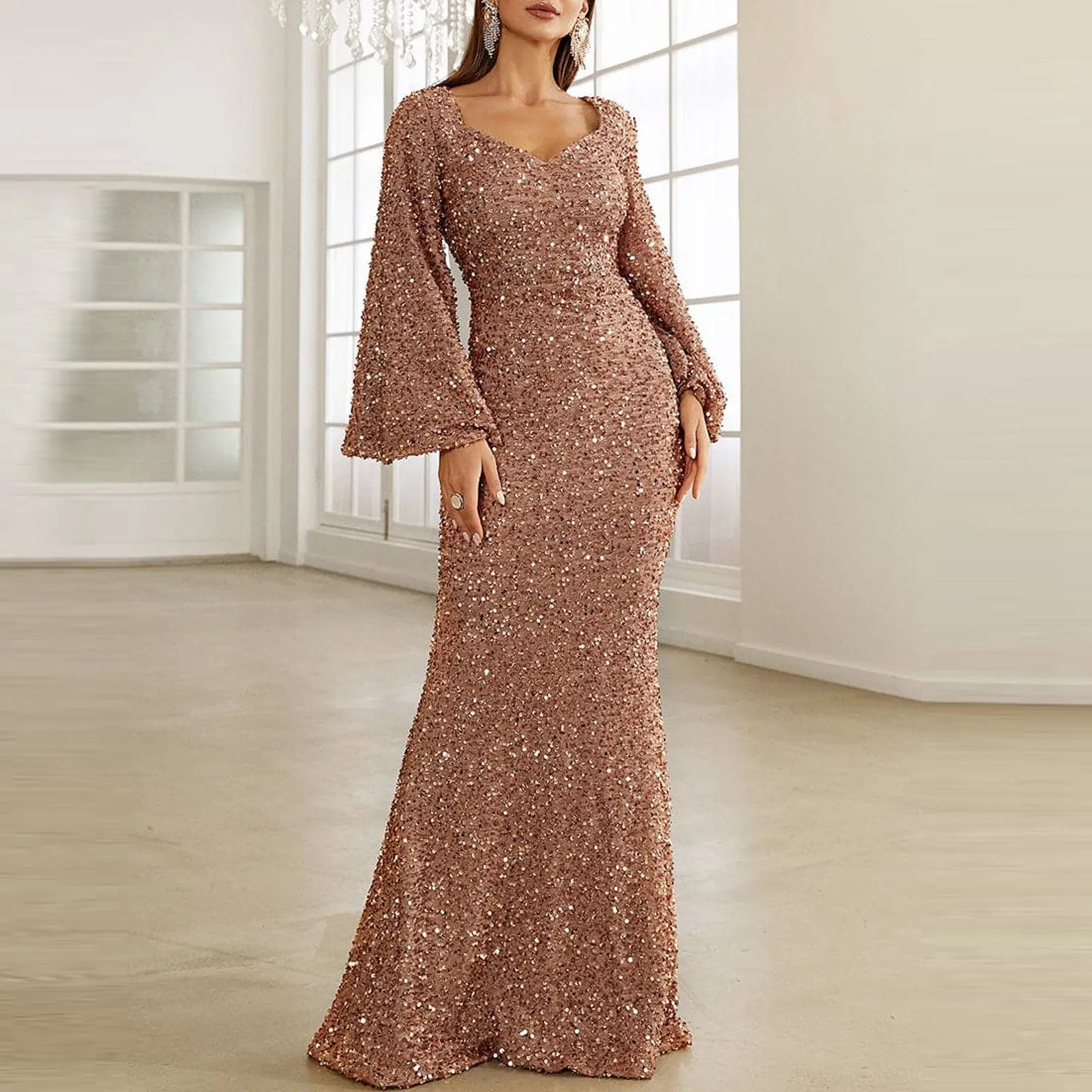 Y2K Sequin Maxi Dress with Flare Sleeves - Elegant Party Gown for Coquette & Grunge Aesthetics