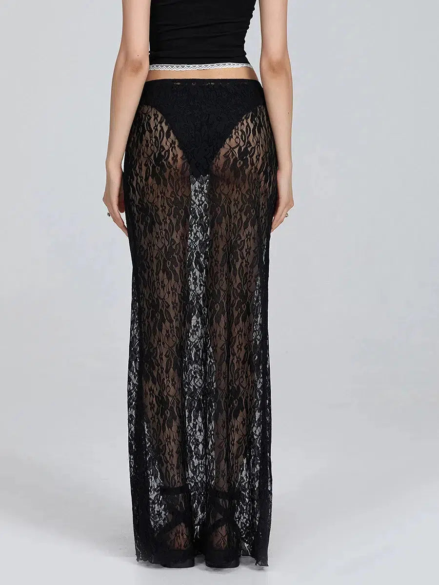 Y2K Sheer Lace Low Rise Maxi Skirt - Perfect for Summer Outfits & Grunge Aesthetic Looks