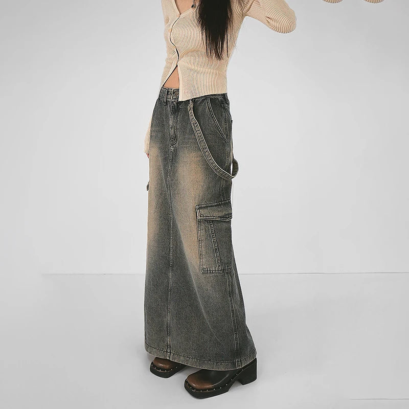 Y2K Side Strap Cargo Maxi Skirt - Trendy Grunge Aesthetic for Summer Outfits & 2000s Fashion