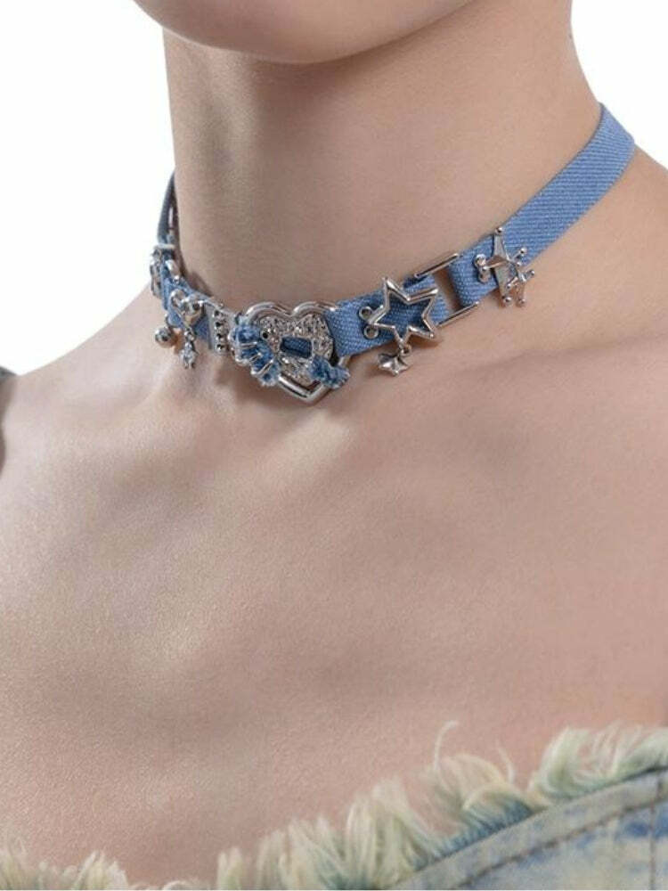 Y2K Sparkle Denim Choker Necklace - 90s Fashion Statement for Grunge & Coquette Aesthetic