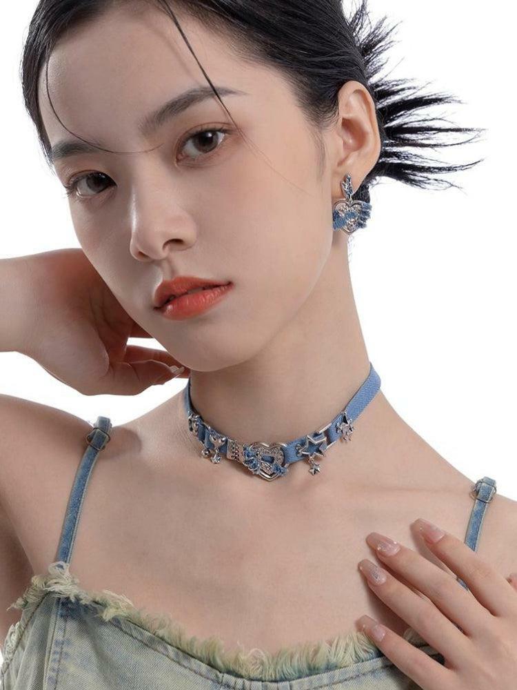 Y2K Sparkle Denim Choker Necklace - 90s Fashion Statement for Grunge & Coquette Aesthetic