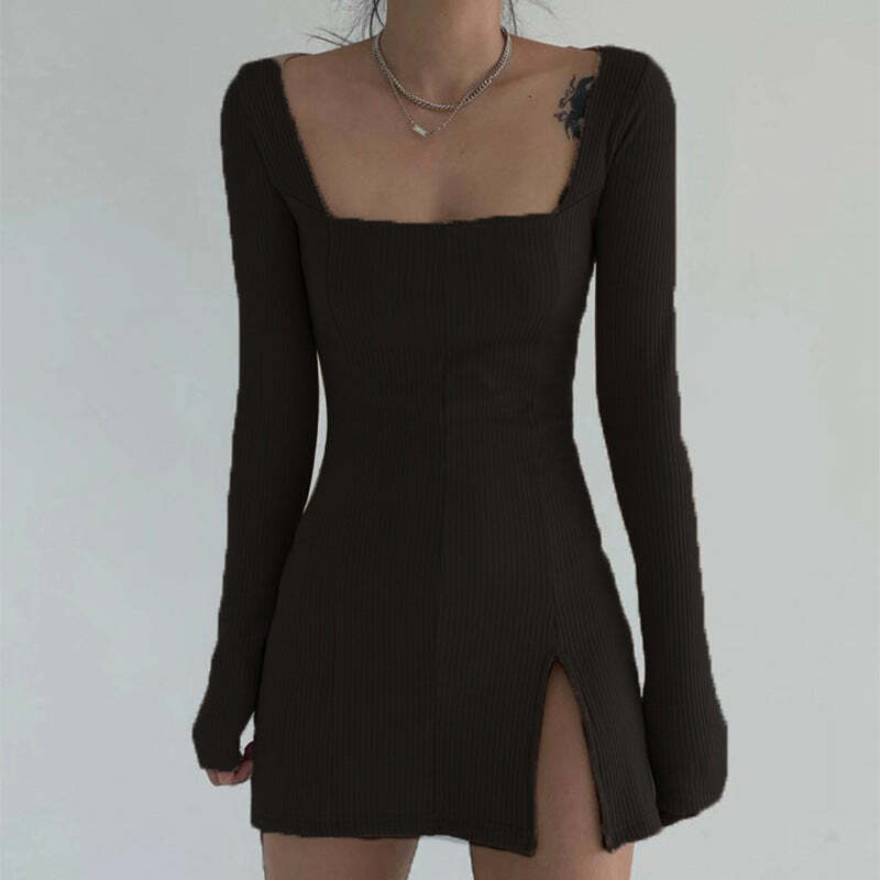 Y2K Square Neck Ribbed Dress - Coquette Aesthetic, Cute & Comfy for Fall Fashion