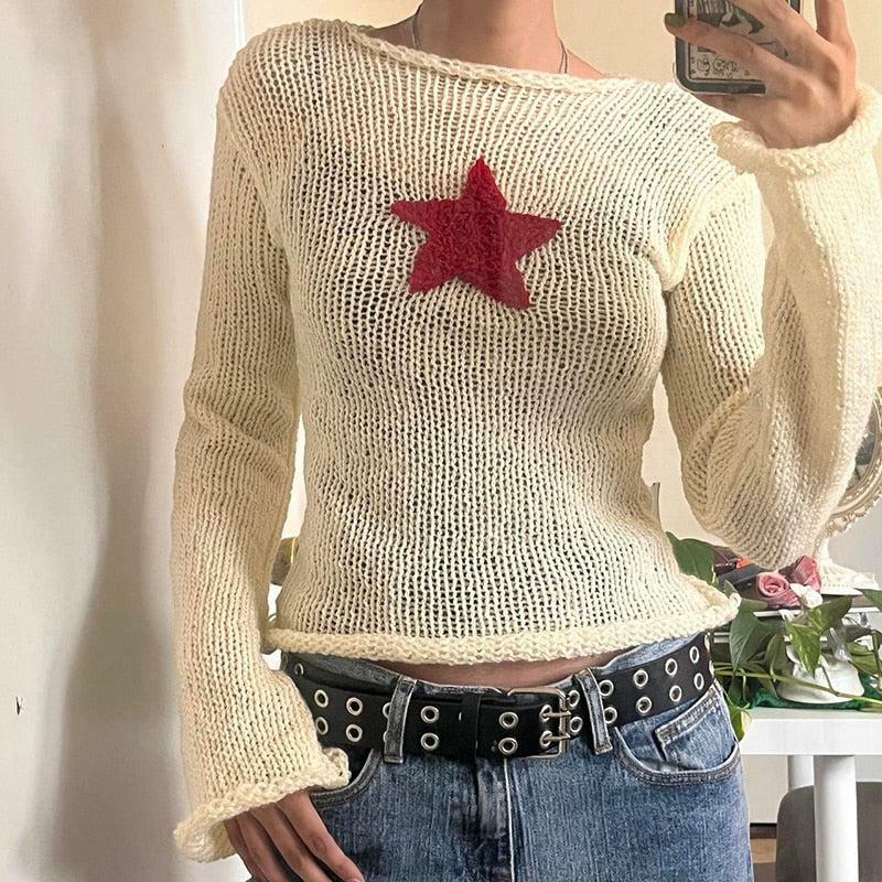 Y2K Star Embroidery Knitted Top - Trendy Grunge Aesthetic for Summer Outfits & 90s Fashion