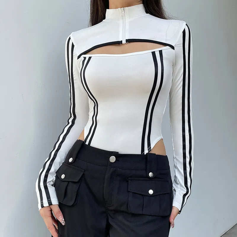 Y2K Striped Cut-Out Bodysuit for Grunge Aesthetic, 90s Fashion, and Summer Outfits