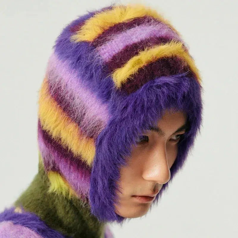 Y2K Striped Fluffy Balaclava - Cozy Grunge Accessory for 2000s Fashion Lovers