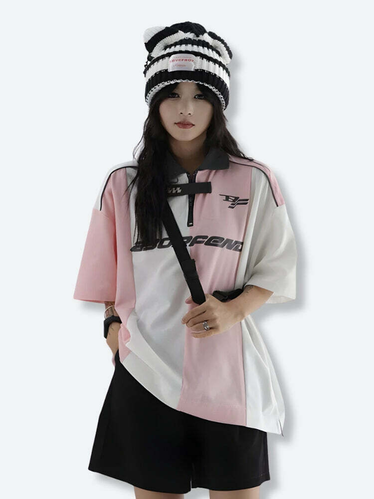 Y2K Striped Half Zip-Up Jersey Top - Retro 90s Aesthetic for Summer Outfits & Casual Looks