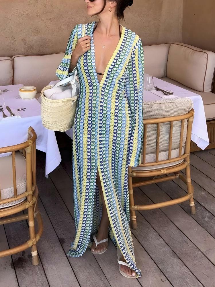 Y2K Striped Plunge Neck Maxi Dress - Summer Fashion, Boho Aesthetic, Trendy Outfit Ideas