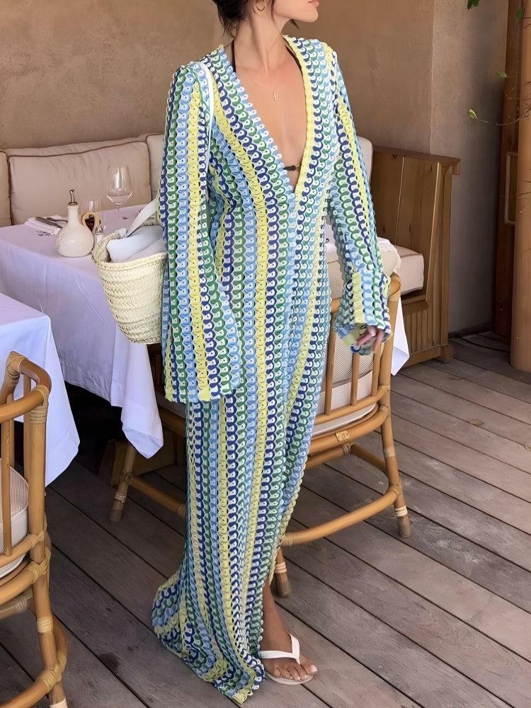 Y2K Striped Plunge Neck Maxi Dress - Summer Fashion, Boho Aesthetic, Trendy Outfit Ideas