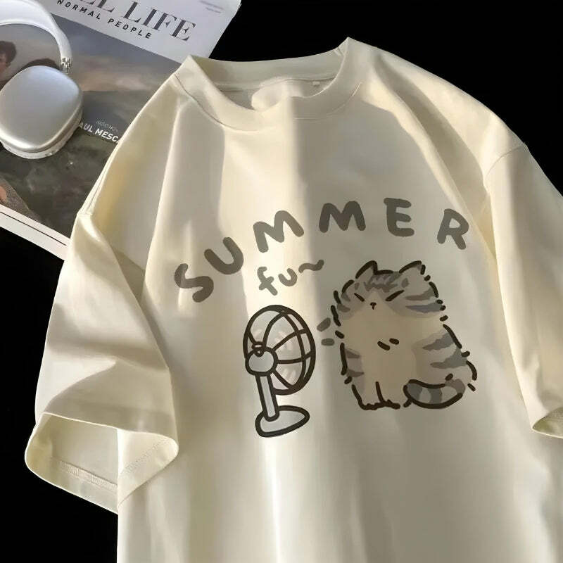 Y2K Summer Cat Tee - Cute Grunge Aesthetic Top for 90s Fashion Lovers & Outfit Ideas