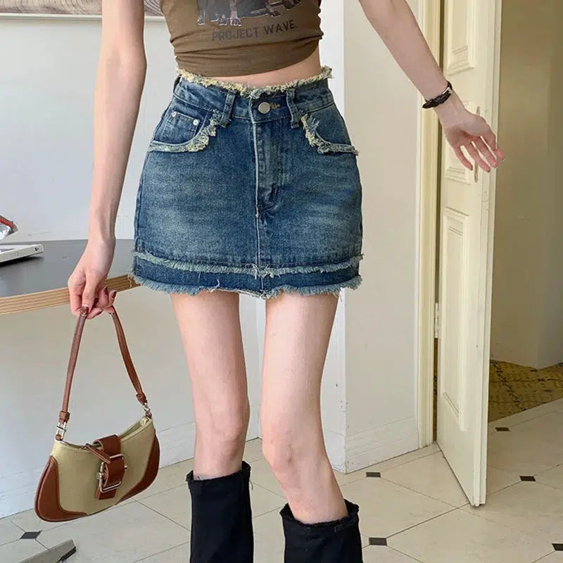 Y2K Tasseled Denim Mini Skort - Trendy Summer Outfit for Grunge & Coquette Aesthetic