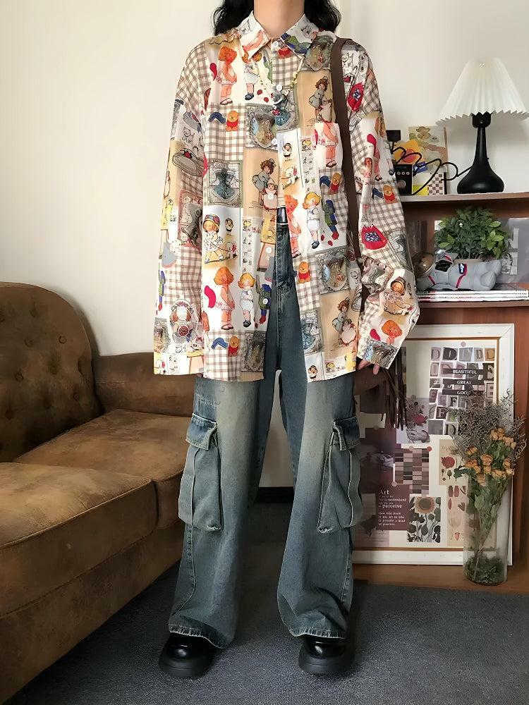 Y2K Vintage Cartoon Oversized Shirt - Grunge Aesthetic, 90s Fashion, Cute Outfit Ideas