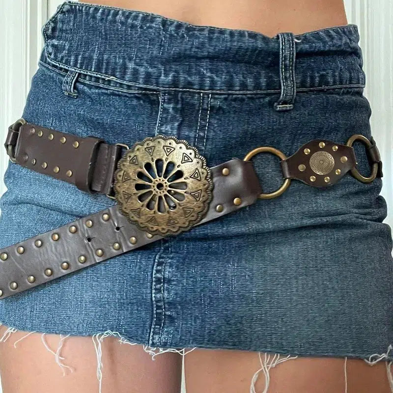 Y2K Vintage Ethnic Buckle Belt for Grunge, 90s Fashion, and Aesthetic Outfits