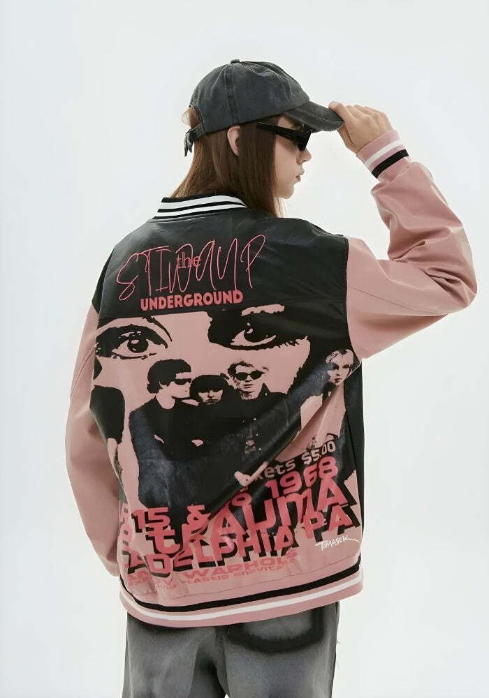 Y2K Vintage Grunge Varsity Jacket - 90s Aesthetic, Retro Style, Trendy Layering Piece