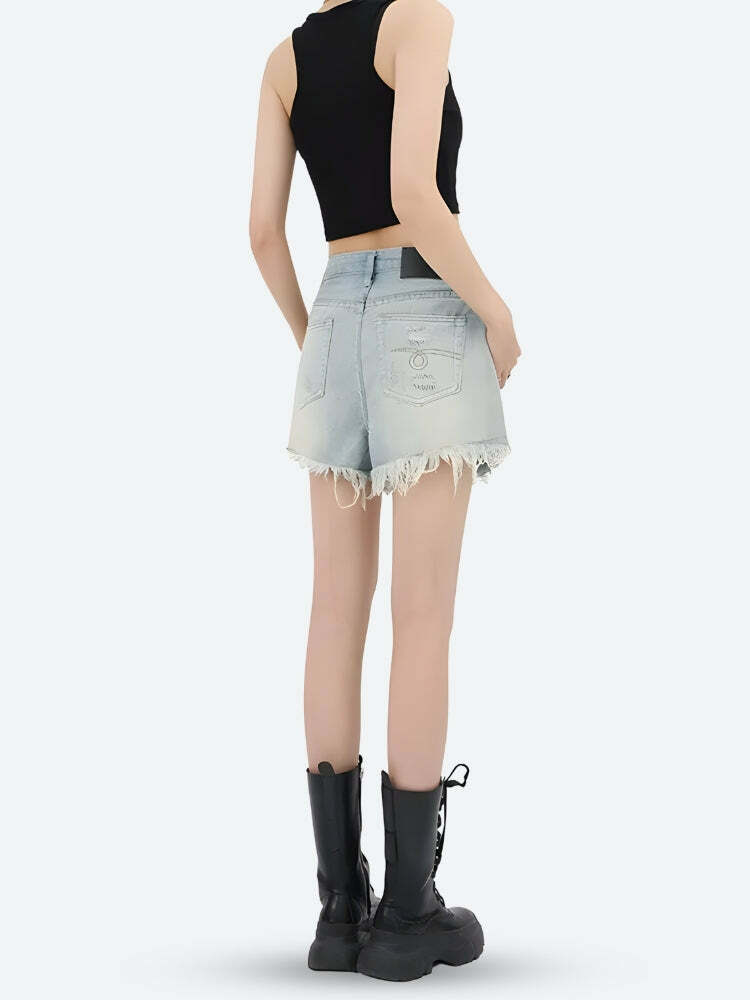 Y2K Wide Leg Ripped Denim Shorts - Trendy Grunge Summer Outfit for 2000s Fashion Lovers