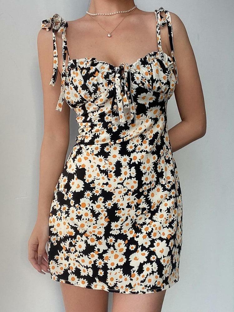 Cottagecore Daisy Tie Strap Mini Dress - Y2K Aesthetic, Cute Summer Outfit, Floral Style