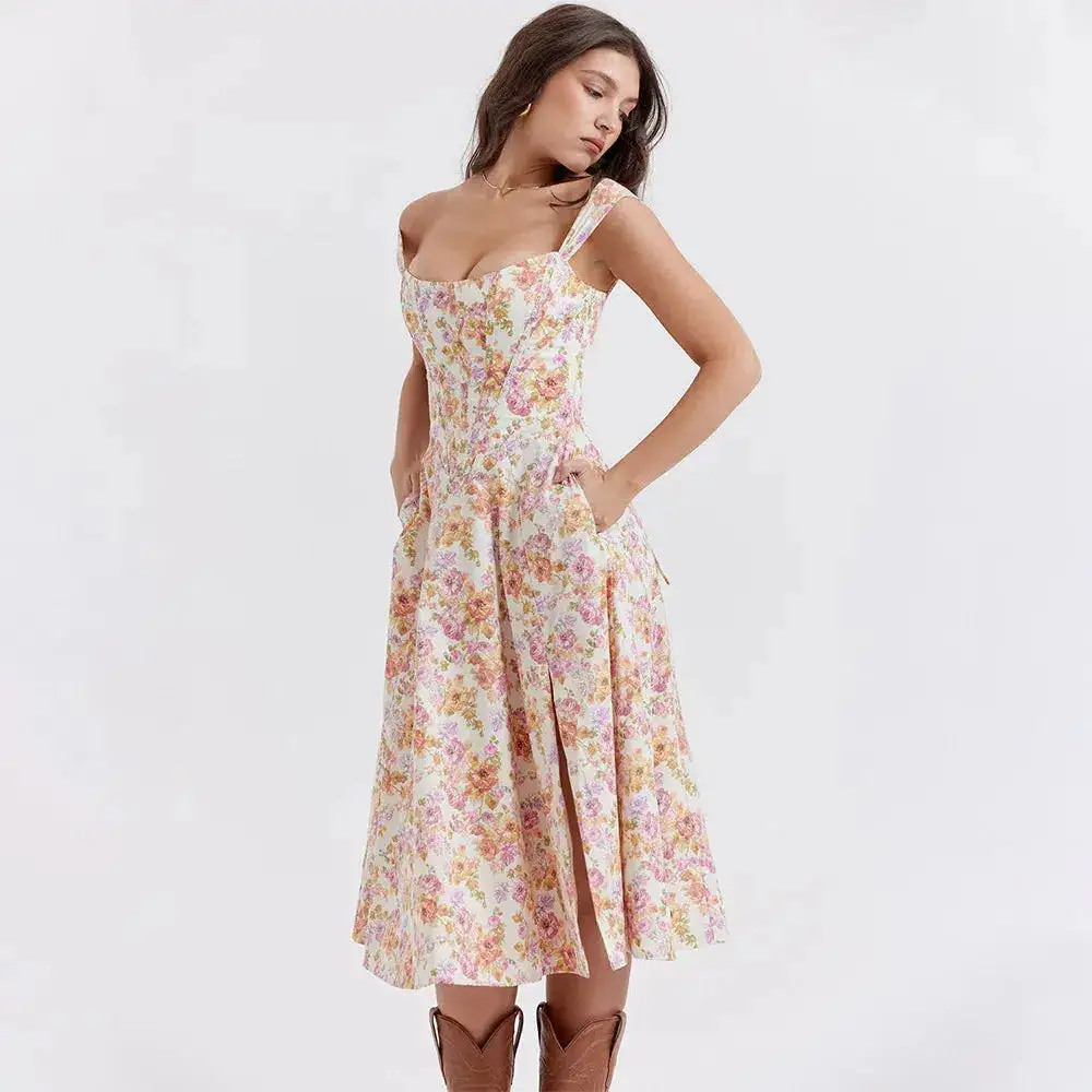 Cottagecore Floral Corset Midi Dress - Y2K Aesthetic, Cute Tops, Vintage Style, Boho Fashion