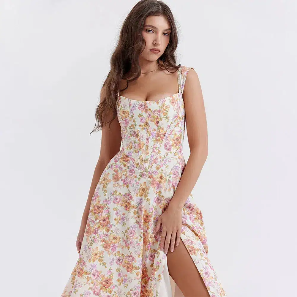Cottagecore Floral Corset Midi Dress - Y2K Aesthetic, Cute Tops, Vintage Style, Boho Fashion
