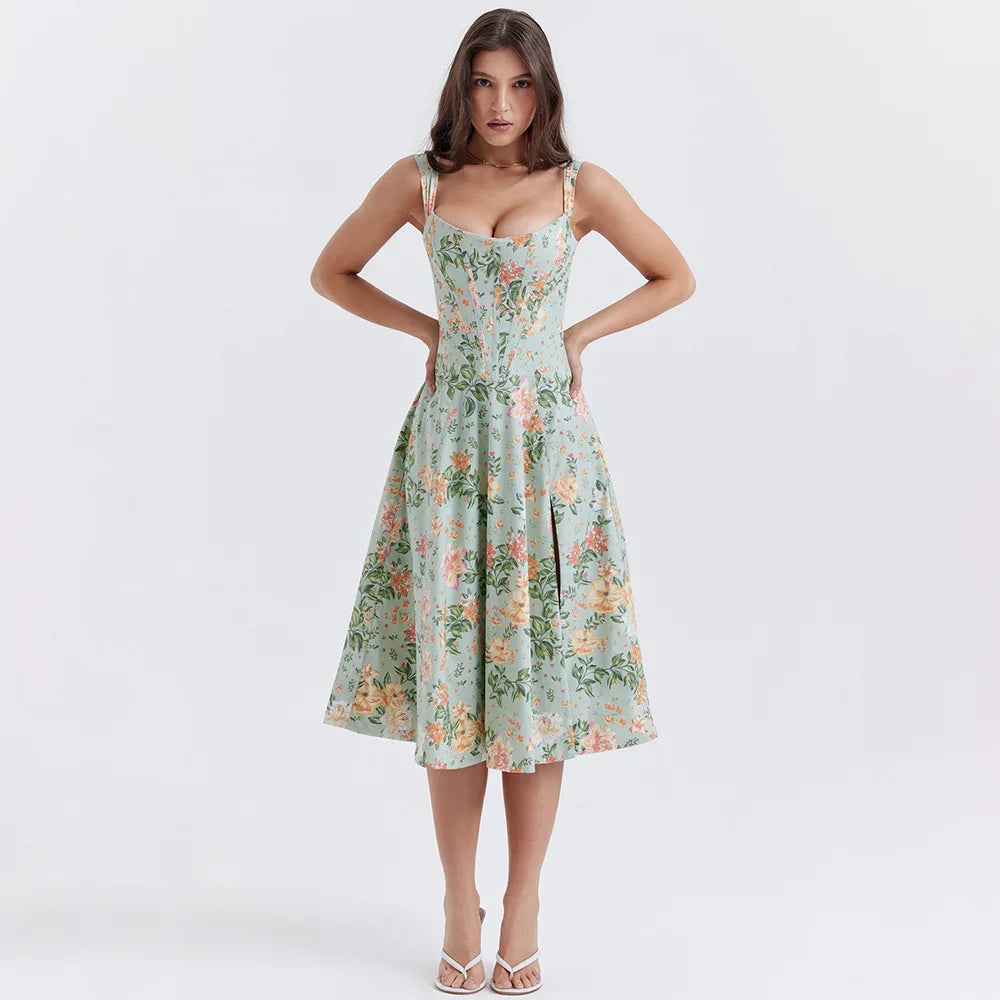 Cottagecore Floral Corset Midi Dress - Y2K Aesthetic, Cute Tops, Vintage Style, Boho Fashion