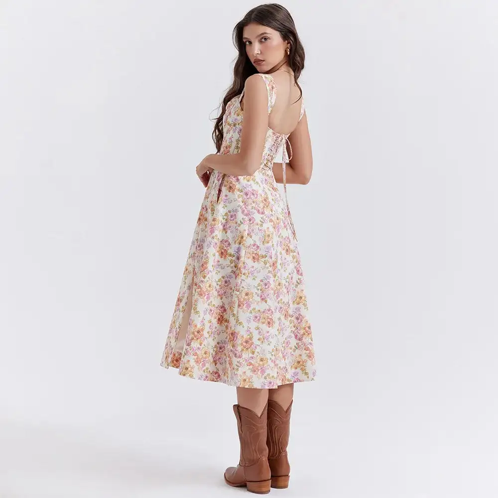 Cottagecore Floral Corset Midi Dress - Y2K Aesthetic, Cute Tops, Vintage Style, Boho Fashion