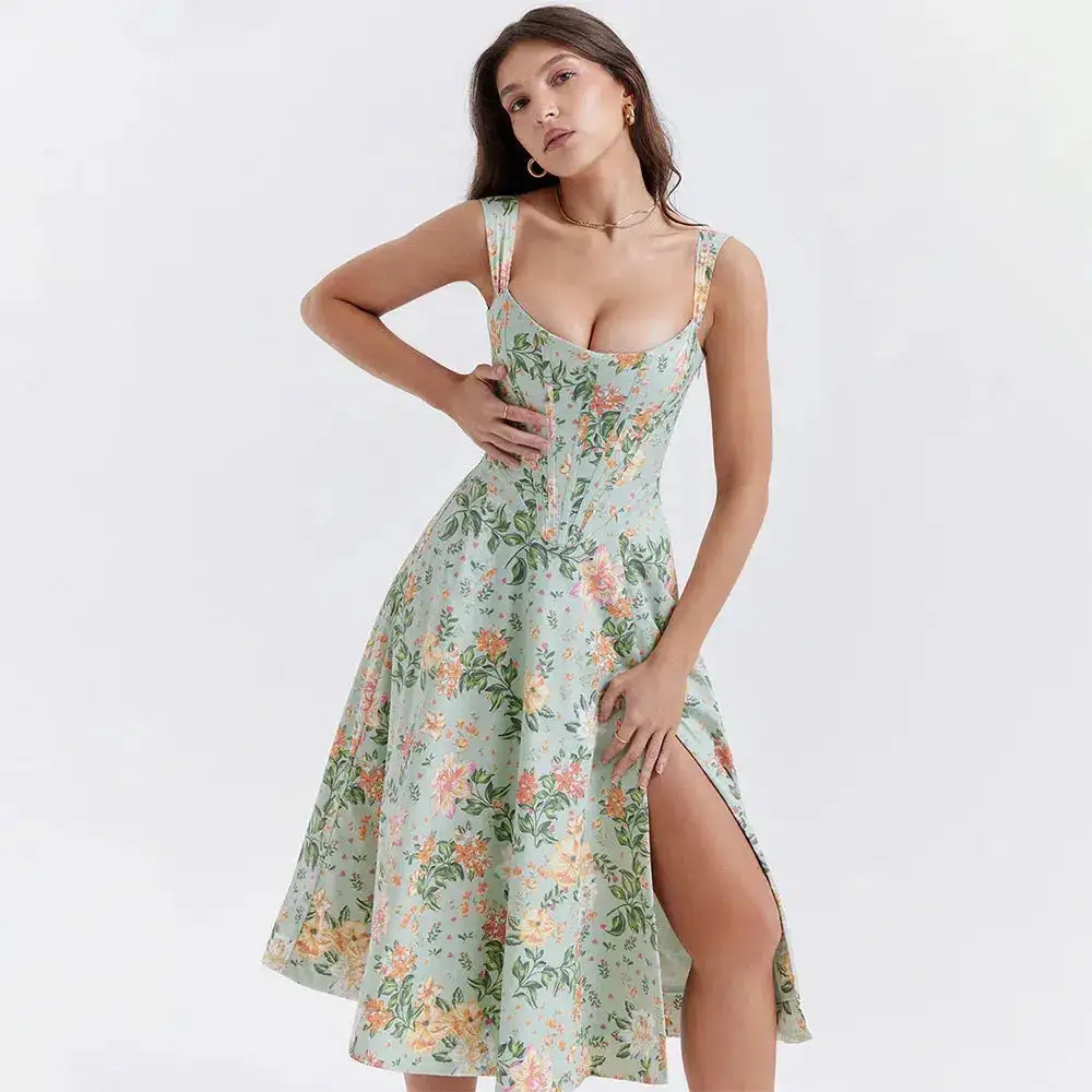 Cottagecore Floral Corset Midi Dress - Y2K Aesthetic, Cute Tops, Vintage Style, Boho Fashion