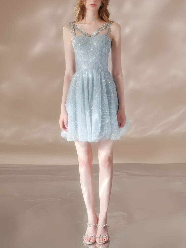 Crystal Strap Sequin Mini Dress - Y2K Fashion, Coquette Aesthetic, Grunge Style Glam