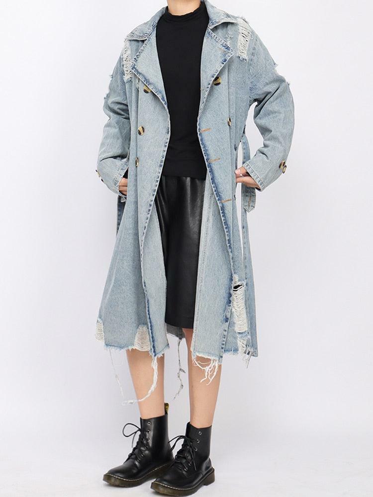 Distressed Denim Trench Coat - Y2K Fashion Essential for Grunge Aesthetic Lovers