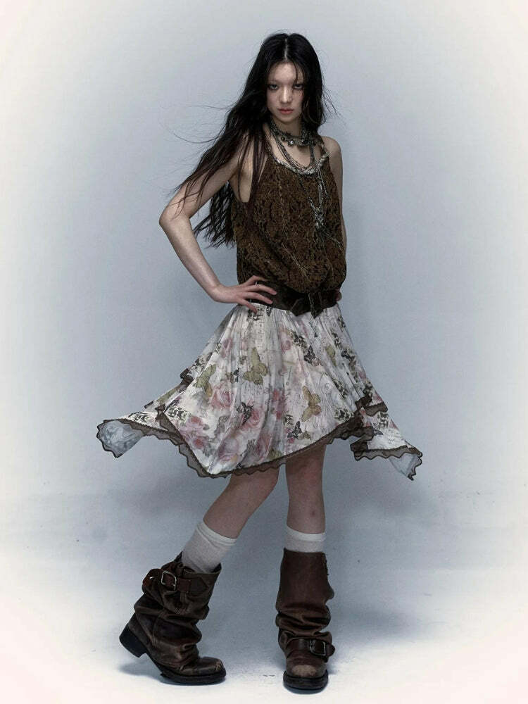 Fairy Grunge Floral Asymmetric Midi Skirt - Y2K Aesthetic, Cute Boho Style, Vintage Vibes