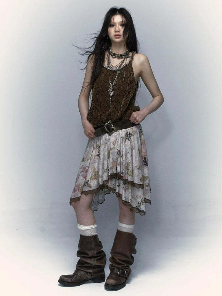 Fairy Grunge Floral Asymmetric Midi Skirt - Y2K Aesthetic, Cute Boho Style, Vintage Vibes