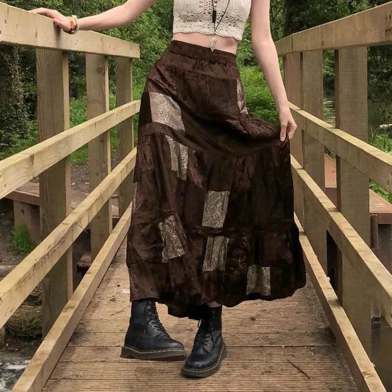 Fairycore Patchwork Maxi Skirt - Y2K Aesthetic, Boho Style, Vintage Vibes, Cute Layering Piece